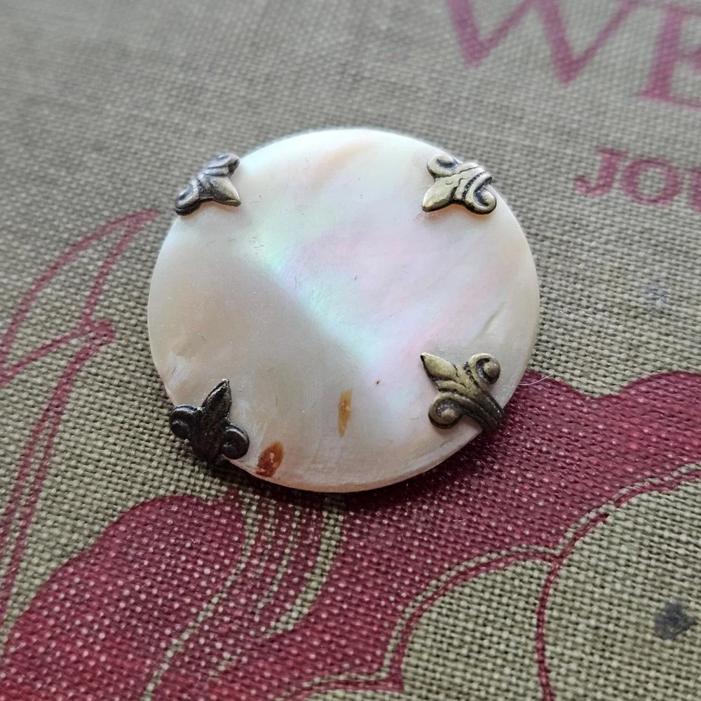 Antique Victorian Mother of Pearl Fleur De Lis Brooch Brass Circle Round Pin